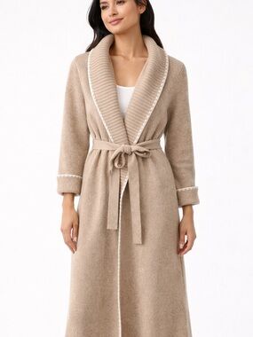 Heirloom Long Wrap Cardigan Sweater Small Beige Belted Cozy Knit Duster